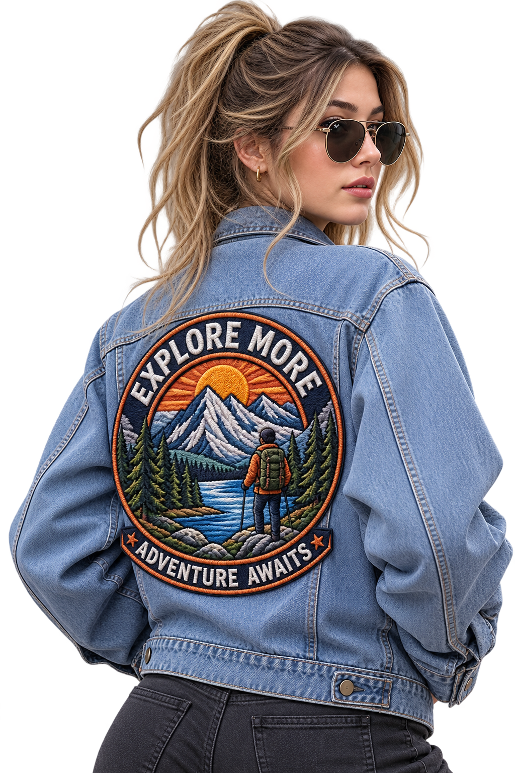 Raised 3D embroidered patches on a tote and jacket