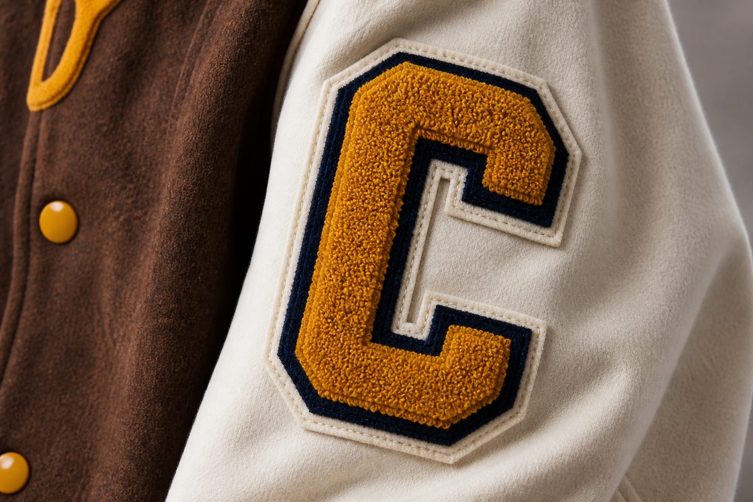 Gold and navy chenille letter patch on a varsity jacket sleeve