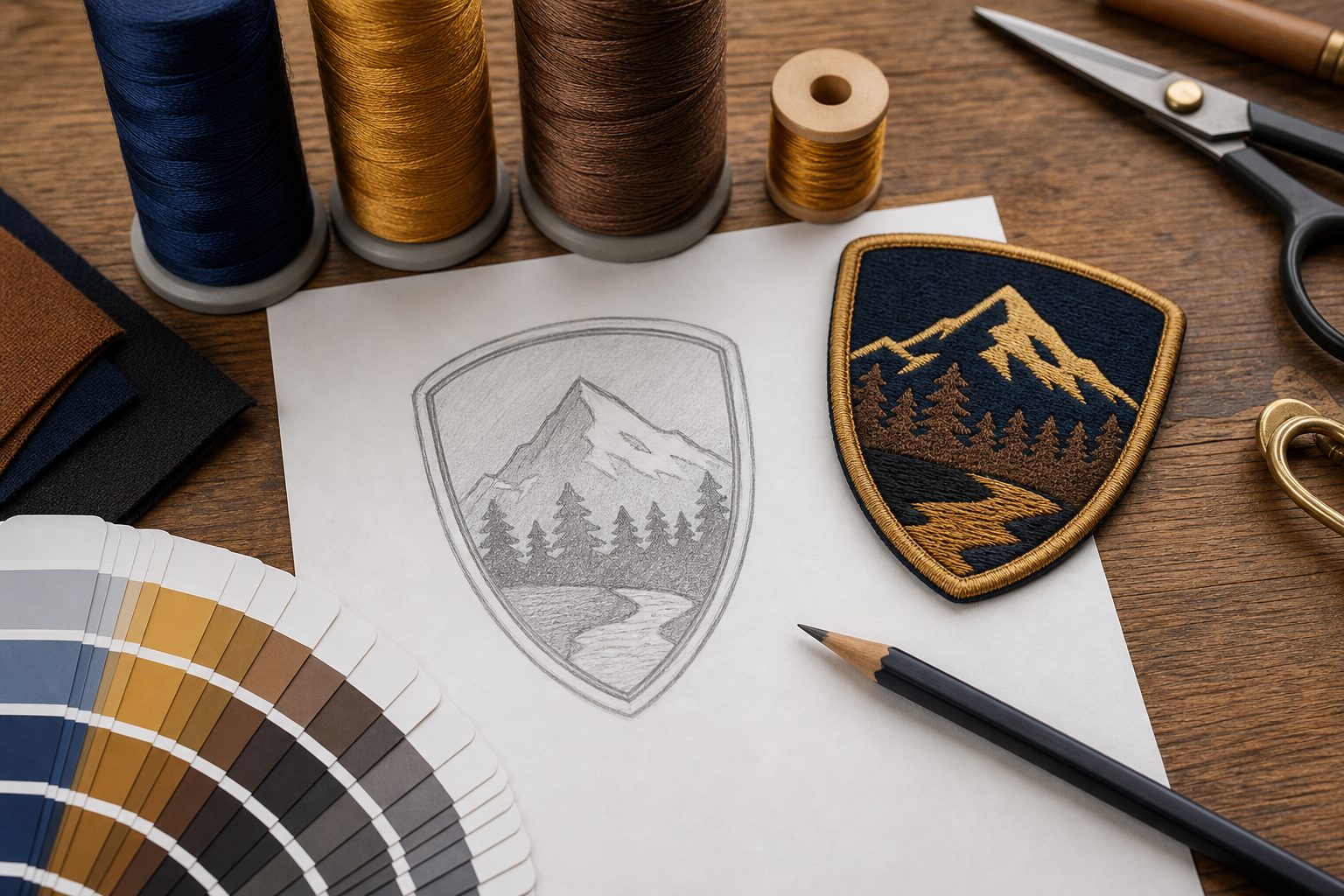 Patch design workspace with thread, color swatches, and a finished embroidered sample