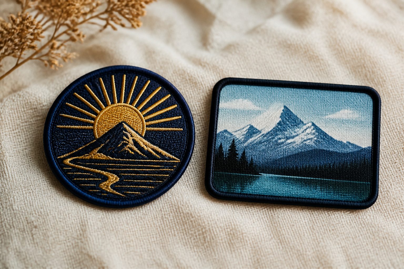 Embroidered patch next to a full-color printed patch on a cream surface