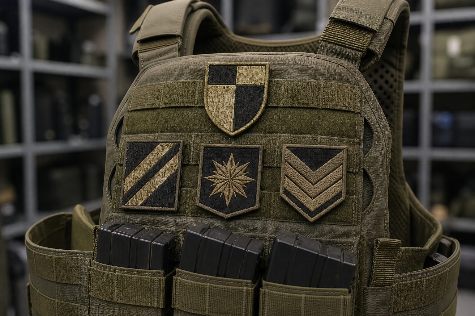Subdued olive tactical patches on a military-style vest