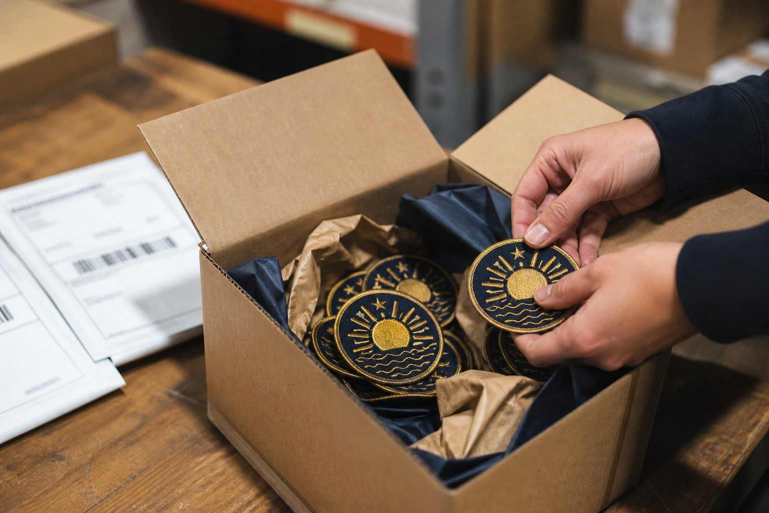 Custom embroidered patches being packed for UK-wide shipping