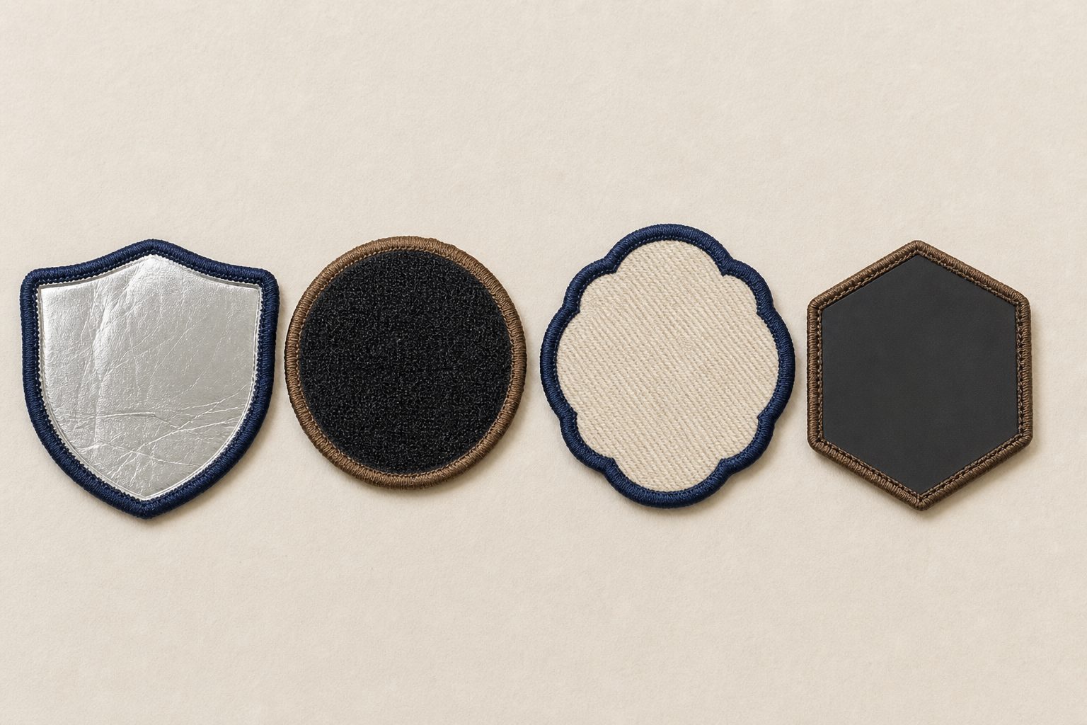 Iron-on, Velcro, sew-on, and plastic patch backing samples in a row