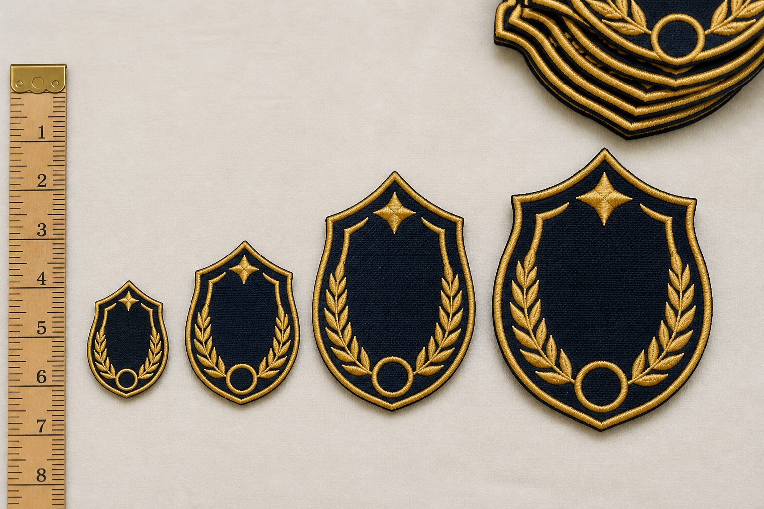 Custom patches in multiple sizes next to a measuring tape and a stack of patches
