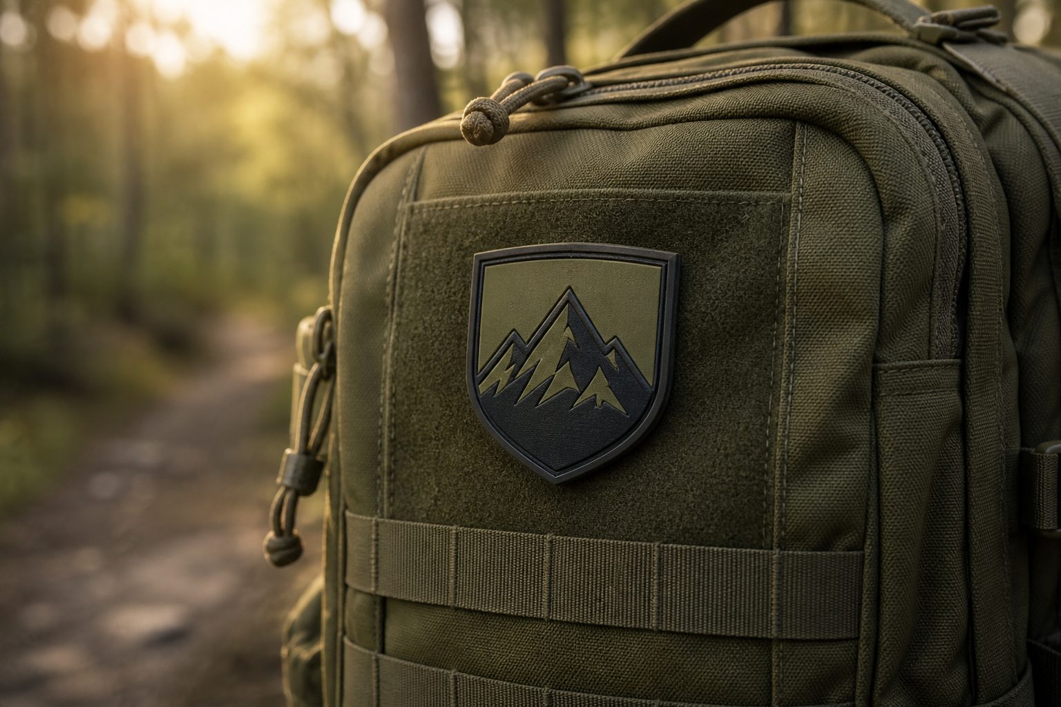 Weatherproof PVC morale patch on a tactical backpack outdoors