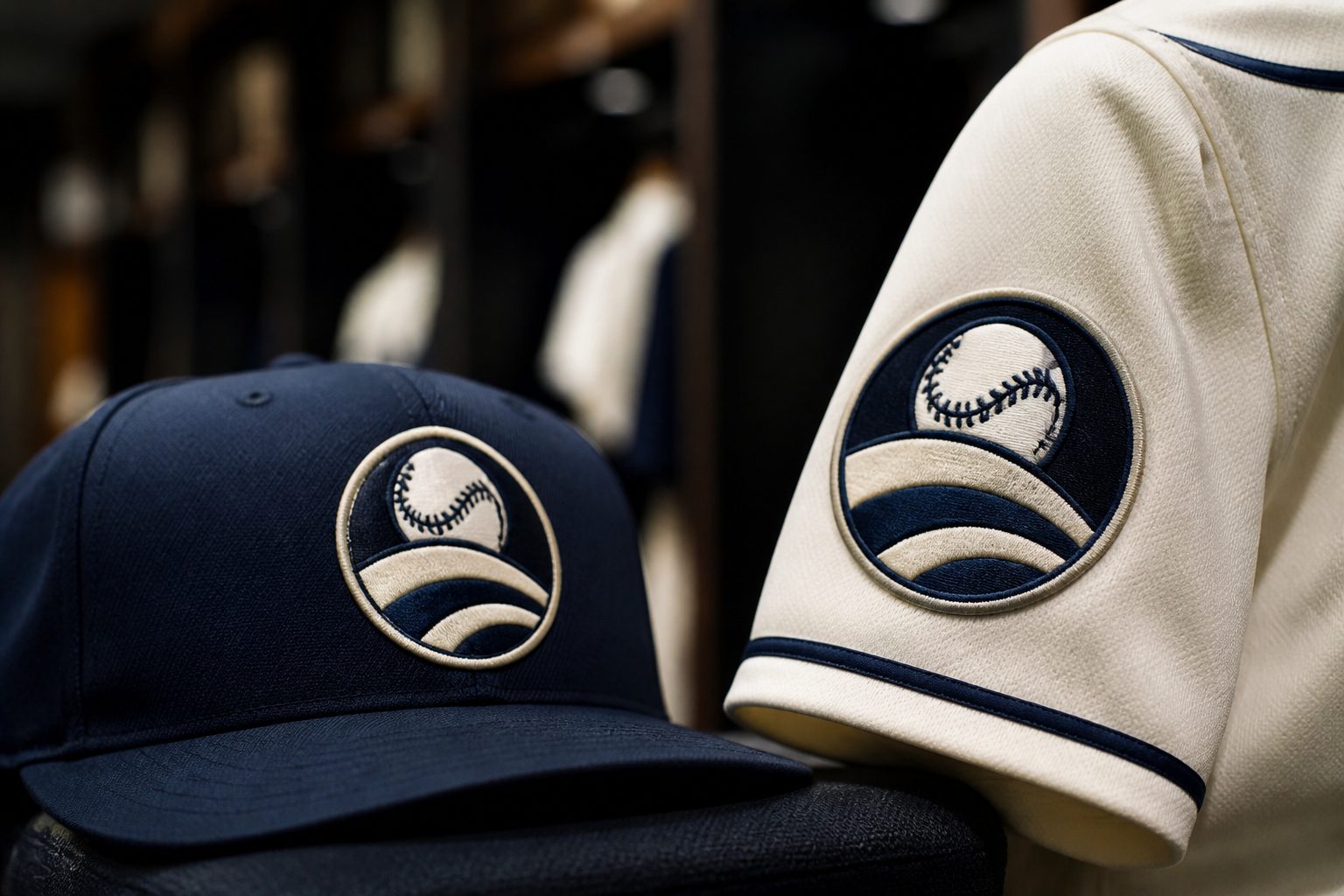 Baseball caps and a jersey with custom embroidered team patches