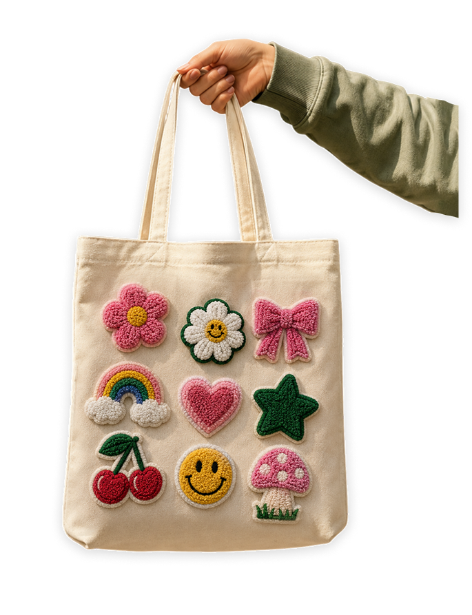 Custom chenille varsity patch on a tote bag