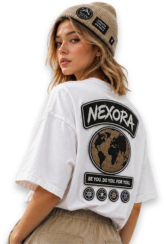 Woman wearing a custom patch design on a white t-shirt