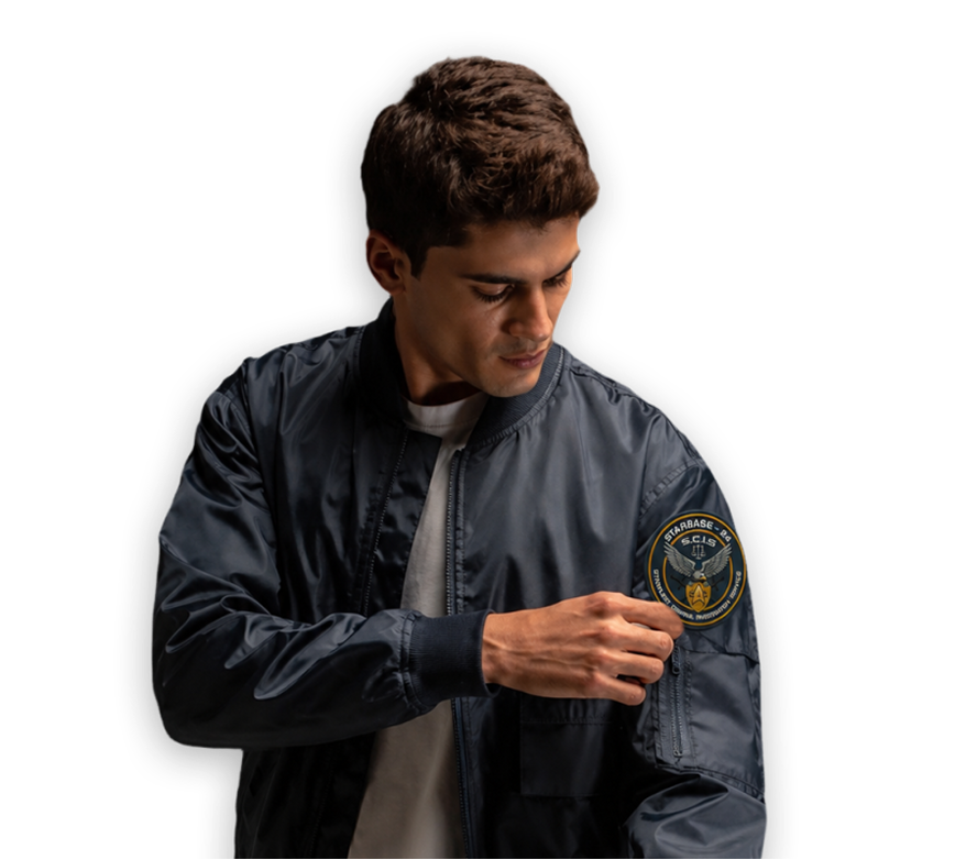 Custom PVC rubber patch on a jacket sleeve